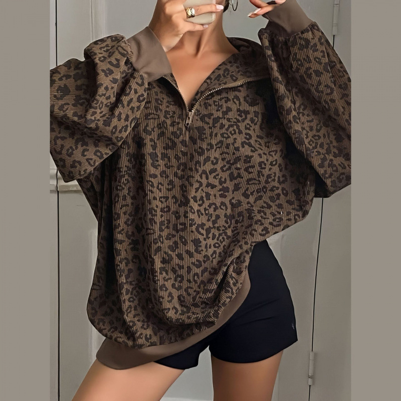 Women's Leopard Print Sweatshirt Loose Mid-length Jacket_voghion.com