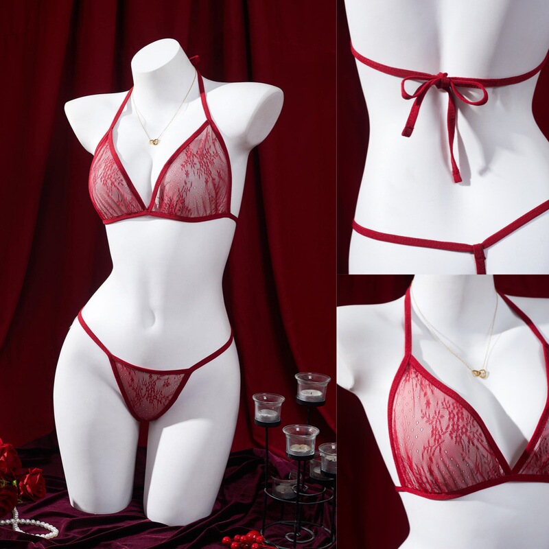 European and American Cross-Border New Style Sexy Slimming Backless Lace-Up Burgundy Lace Bikini Lingerie Set Original Design