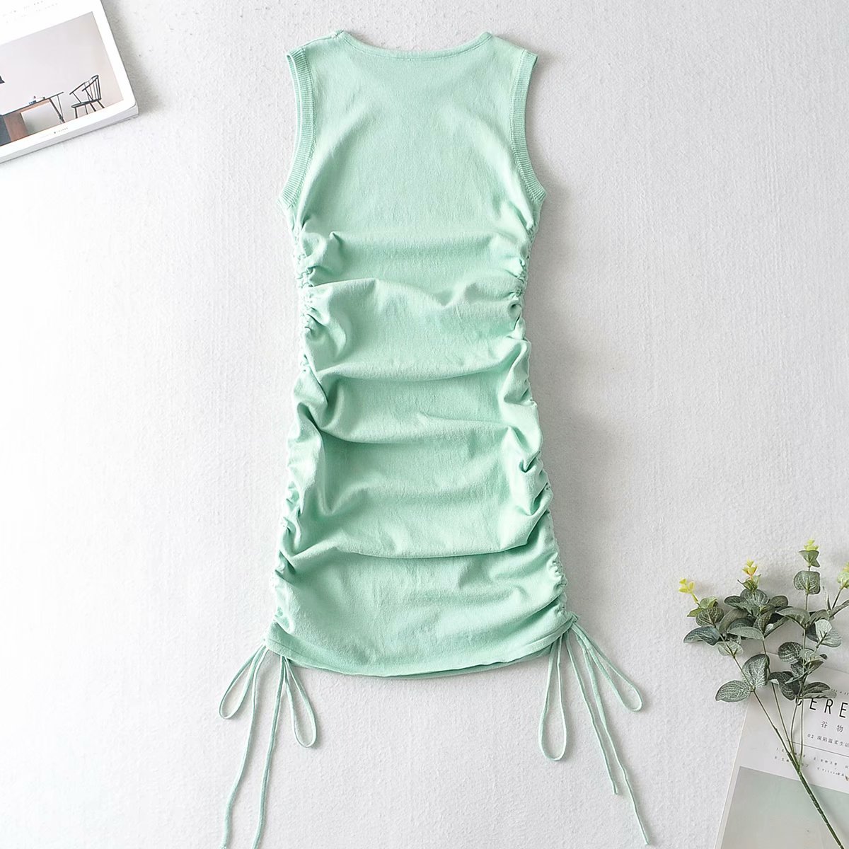 spring round neck knit double side drawstring dress NSAM25630