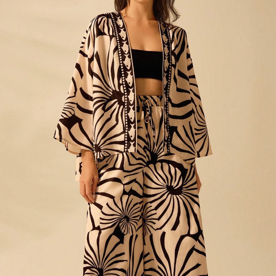 Women's Clothing Women's Summer Short Sleeve Two Piece Swimsuit Printed Cardigan Loose Sports Swimwear Beach & Pool Ready_ecoleips.com