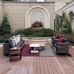Outdoor Sofa Villa Leisure Combination Rattan Sofa Solid Wood Coffee Table Outdoor Garden Courtyard Waterproof Sun Protection Furniture
