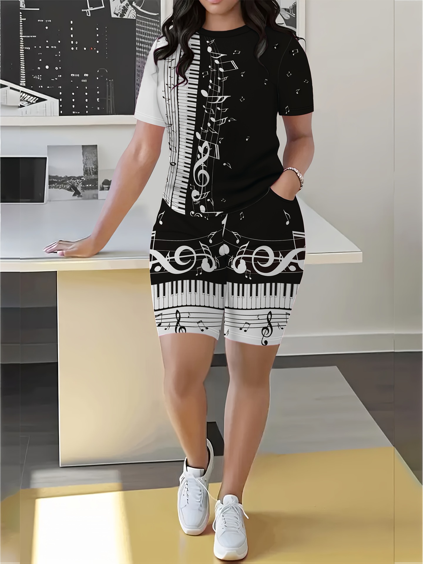 Women's Geometric Print Short Sleeve T-Shirt And Shorts Set - Comfortable Casual Summer Outfit ​​Versatile Two-Piece Coordination_ecoleips.com