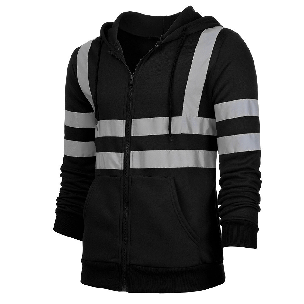 Men's Clothing reflective strip plus velvet sweatshirt outdoor sanitation work clothes zipper hooded color matching sweatshirt jacket_voghion.com