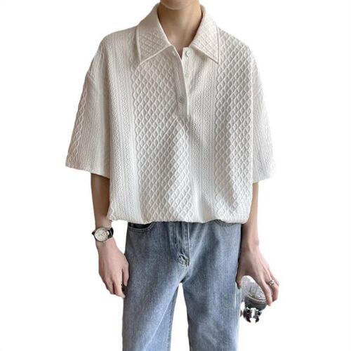 Khaki Heavyweight Check Polo Shirt Men's Sophisticated British Charming Males Short Sleeve Summer Five-Button Shirt