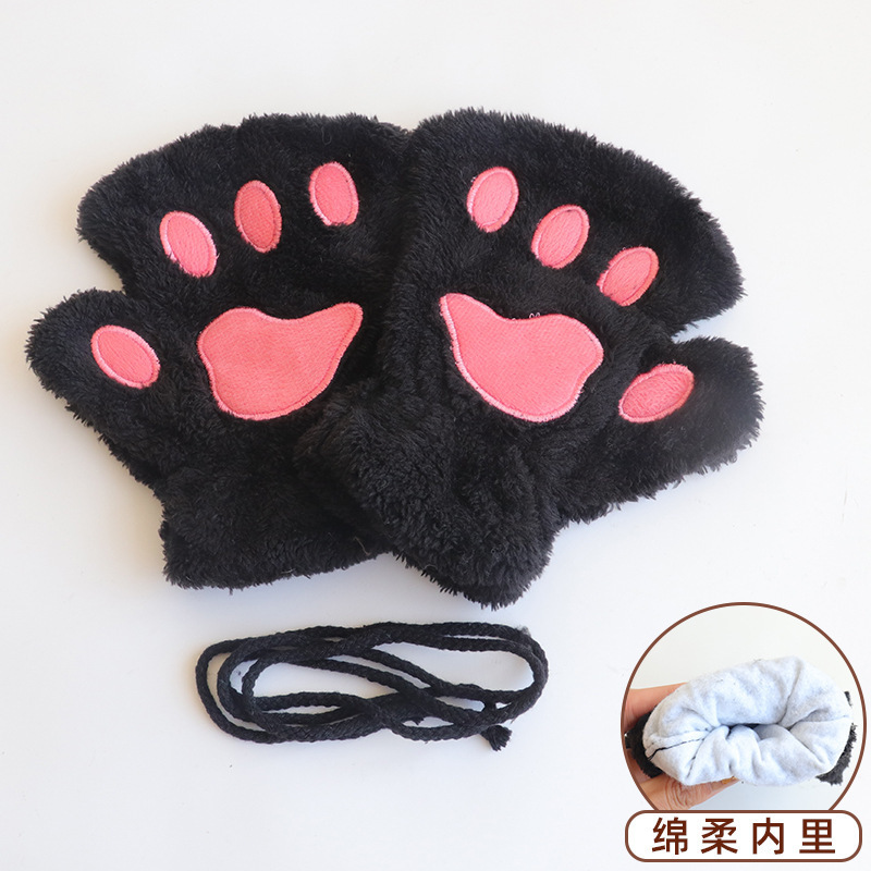 秋冬の女性用のかわいい猫の爪手袋、暖かく防寒性のある豪華なハーフフィンガーグローブ、厚くてベルベット、学生が指を失うのを防ぐために書くことができます。|undefined