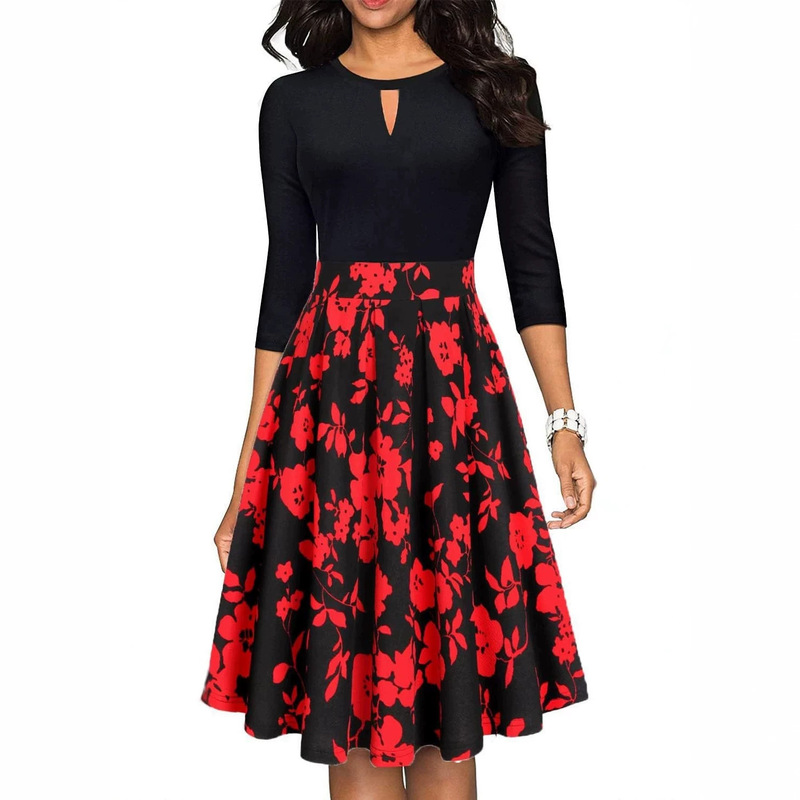 Cross-border Amazon European and American women's fashion elegant cocktail party dress with round neck and floral print