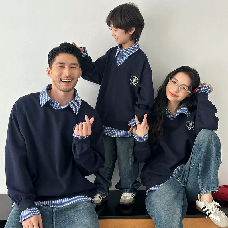 重磅美式假两件亲子装卫衣秋冬学院风衬衫领一家三四口上衣外套潮