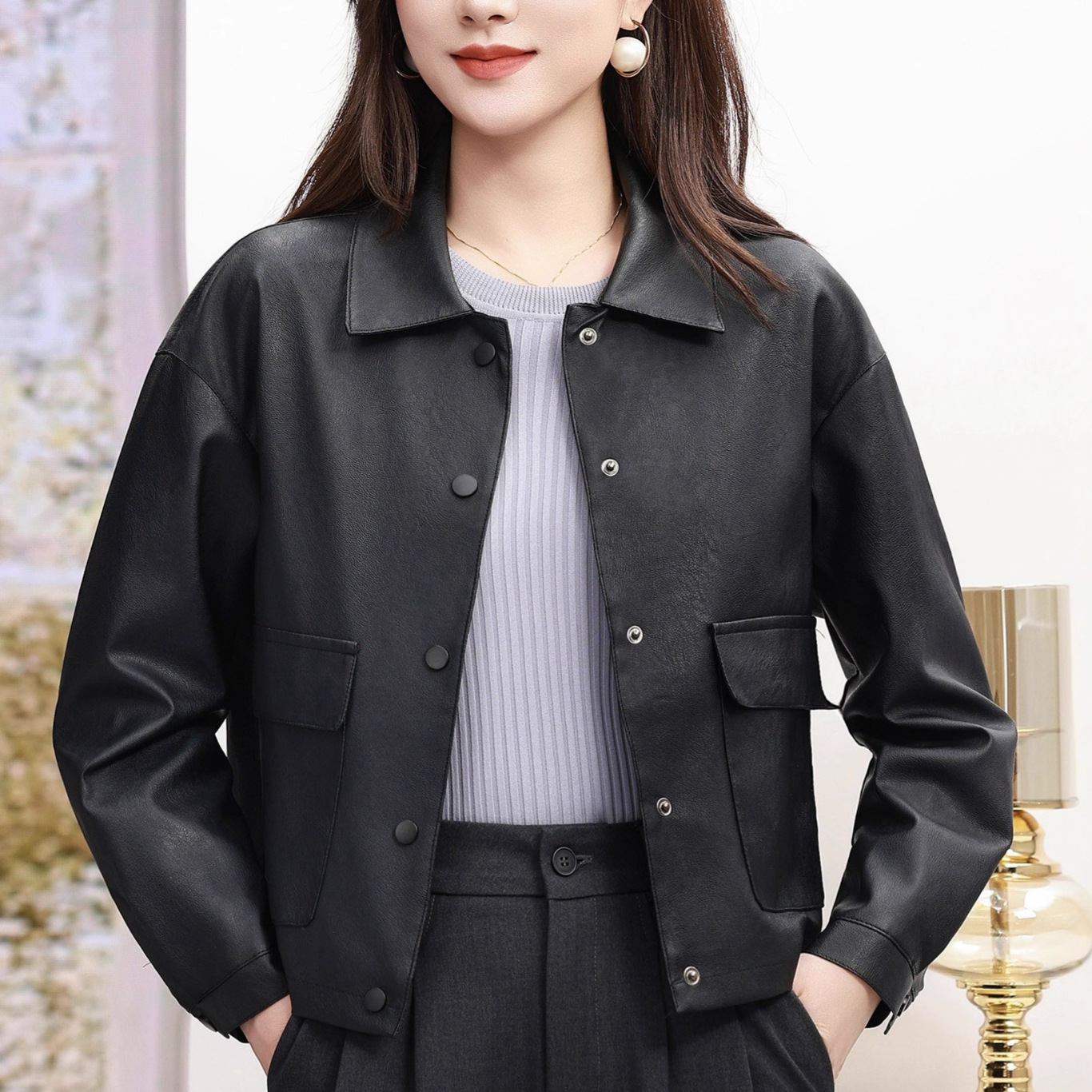 All Network Low Price Spring and Autum Thin Fashionable Casual Short Button Leather Jacket Women's Pu Jacket Tops