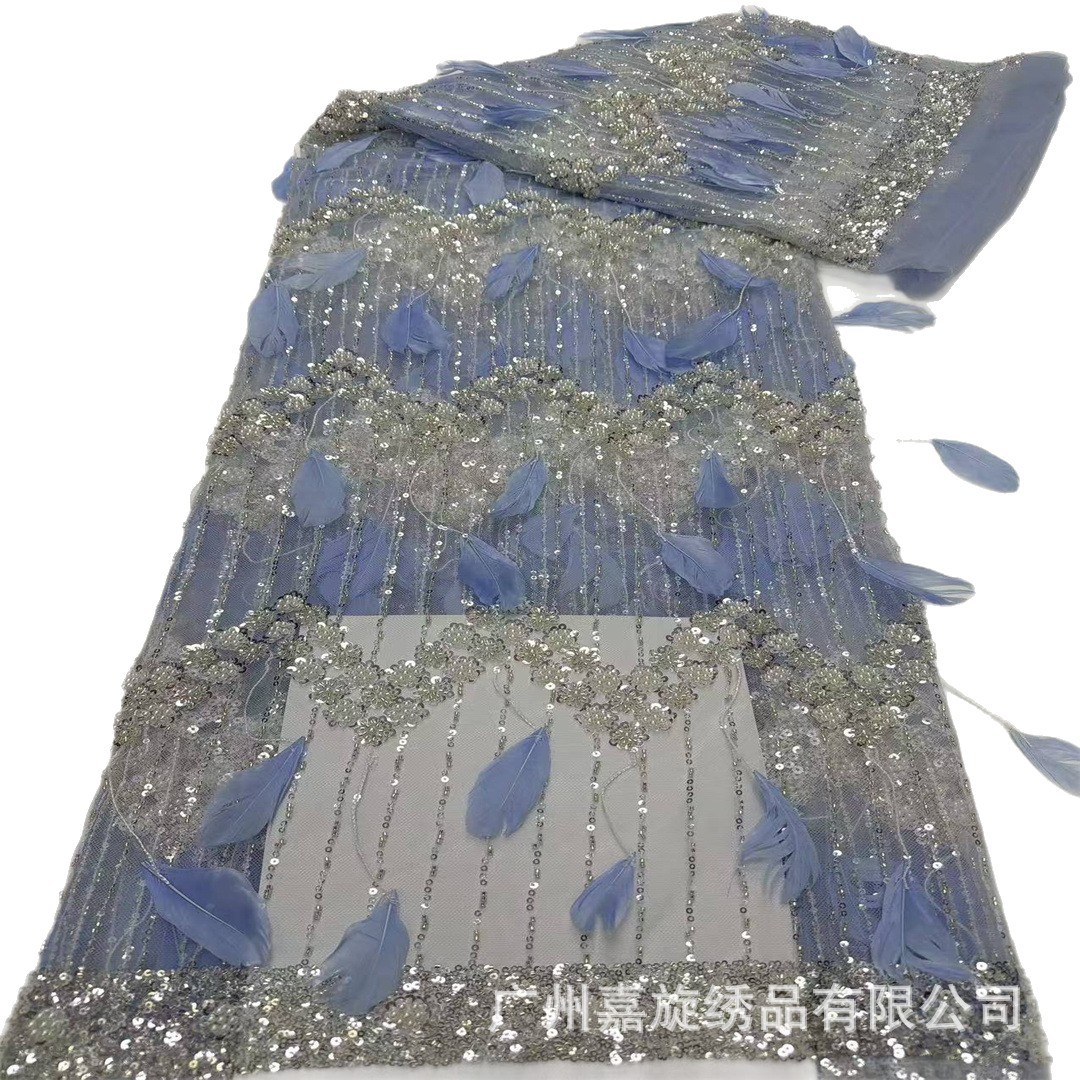 Nueva pluma vestido de tela brillante tubo de cuentas de lentejuelas tela de encaje boda laceJX2725