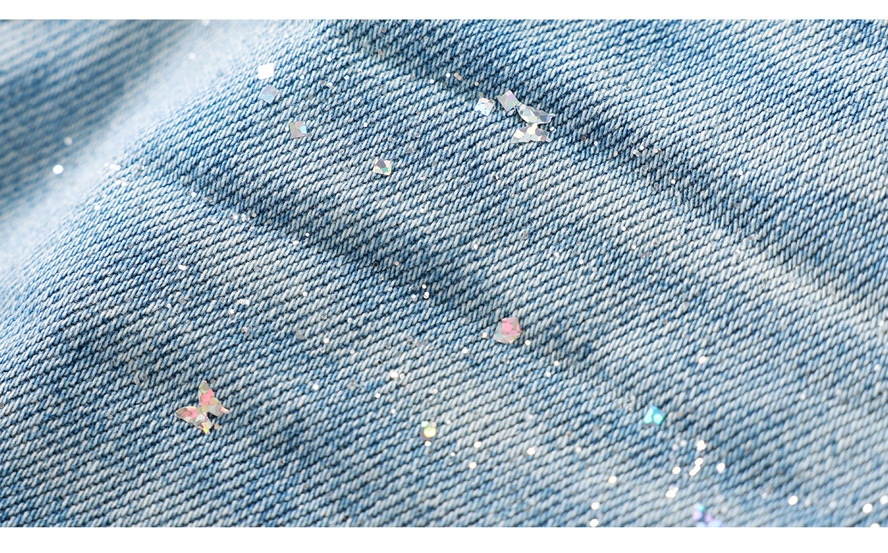 Quần jean nữ ống rộng cạp cao chất cotton mài trắng phối sequin bướm — xanh lam chi tiết 25