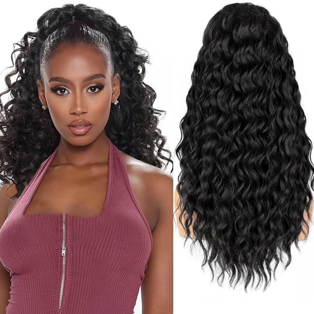 Perruque queue de cheval synthétique longue et bouclée, cheveux naturels ondulés, disponible en gros chez African Foreign Trade. Cheveux synthétiques ondulés profonds. Cheveux naturels. Disponible en stock. Vente en gros._voghion.com