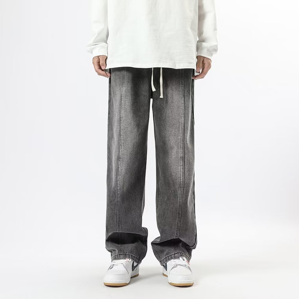 Tendencia de moda de otoño, jeans degradados, pantalones de marca de moda para hombres, pantalones anchos de trapeador sueltos rectos, denim con cordón