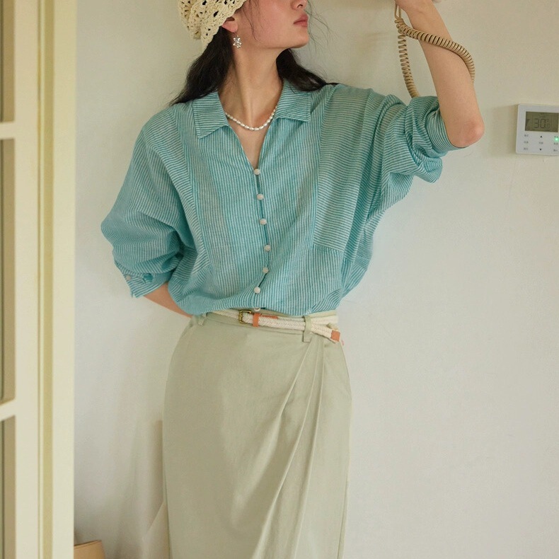 [New] soligther French striped thin sunscreen shirt women's slim loose top