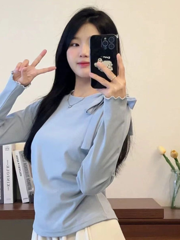 韩系绑带蝴蝶结长袖t恤女秋季新款小众设计感独特简约百搭上衣女|undefined