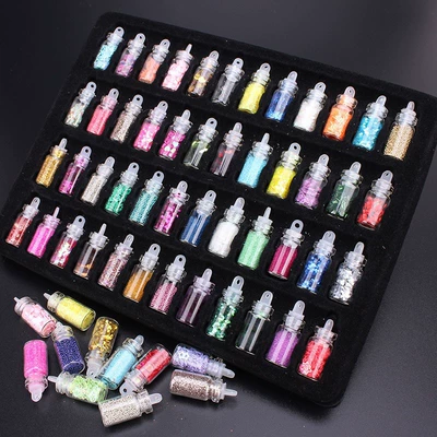Cross-Border 48-Color Glass Bottle Nail Art Jewelry Glitter Sequins Hexagonal Slices Caviar Nail Decoration DIY Set (Dırnaq bəzəkləri) - 48-color-glass-bottle-sequins