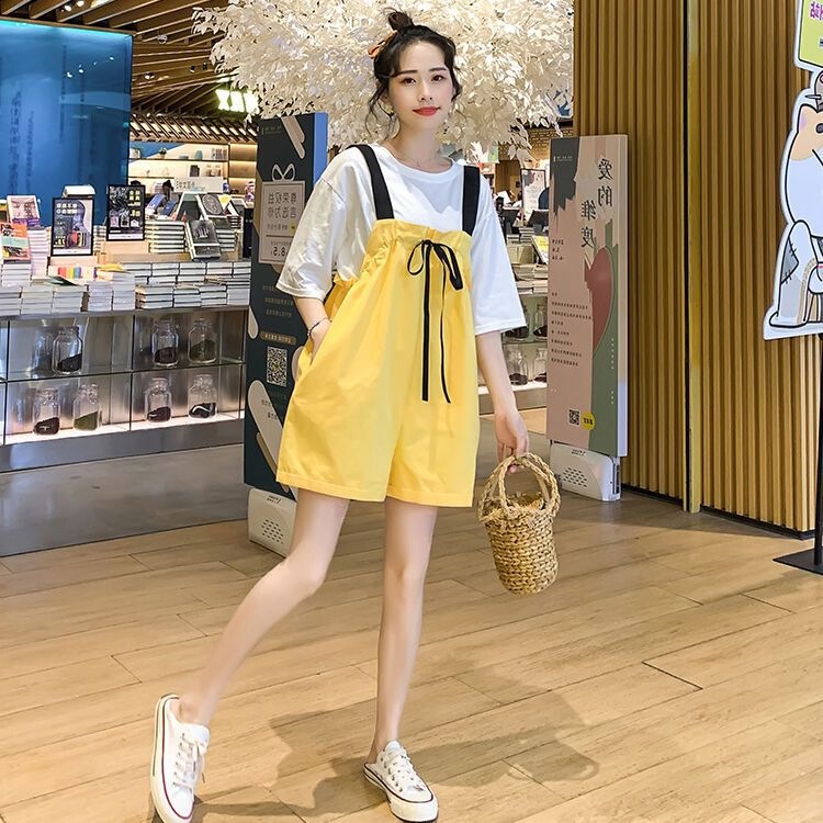 Single Piece/Set Loose Summer Pure Cotton Plus-Size Casual Fashion Versatile Maternity Wide-Leg Two-Piece Overalls Set
