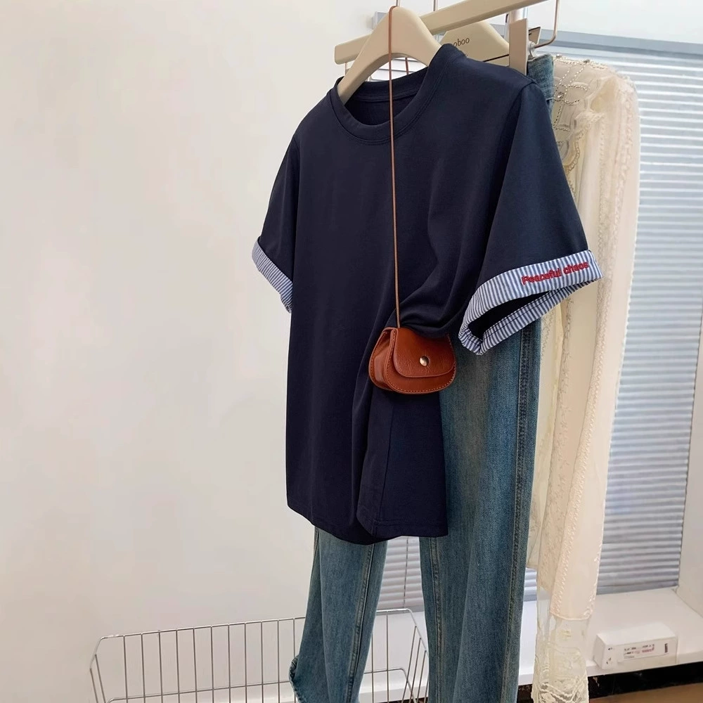 Специальное предложение [Официальное изображение 230 г хлопковый вырез бренда Chao Sroona] Большой размер 300 кг полосатая вышивка короткая