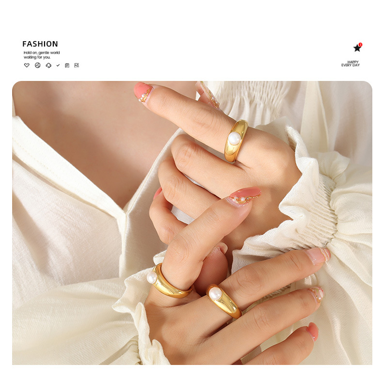 6, 7, 8 Ring Size Daily Occasion Sweet C Shape Titanium Steel Plating Inlay Pearl Open Ring