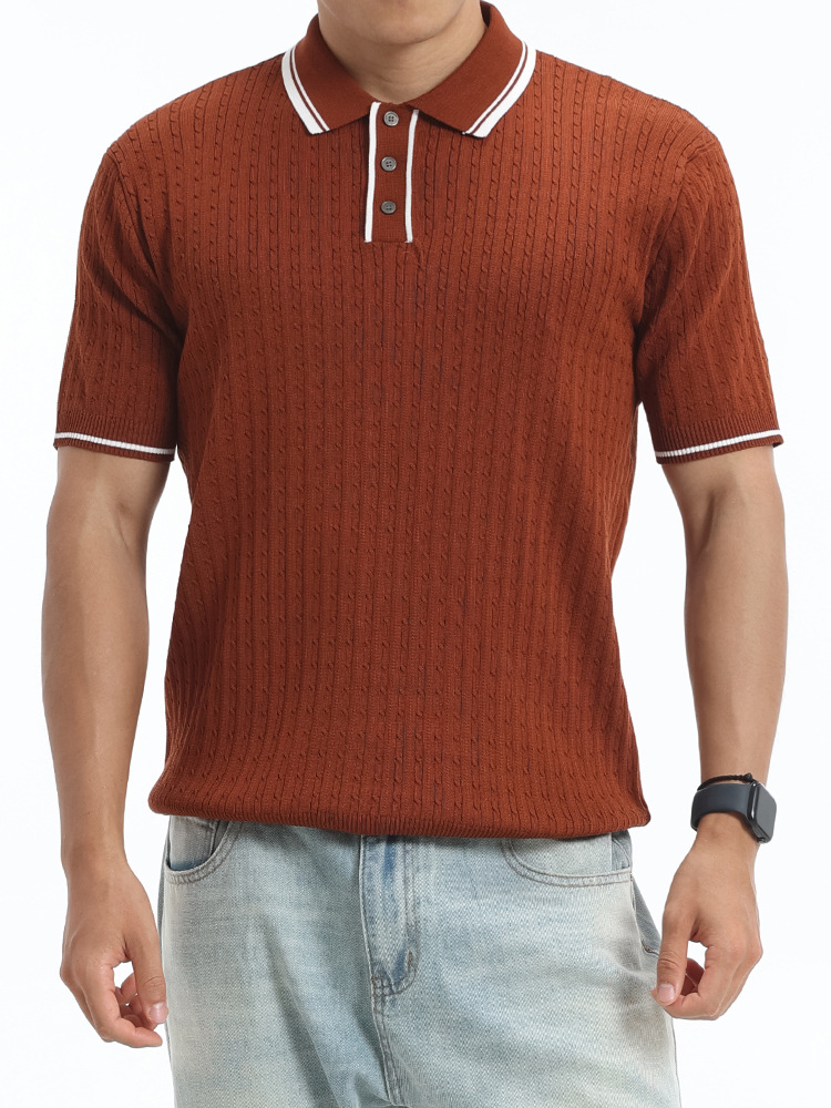 Europa y Estados Unidos transfronterizos hombres collar de color contrastante hielo de punto polo camisa de manga corta de negocios casual alta sensación de ropa de hombre