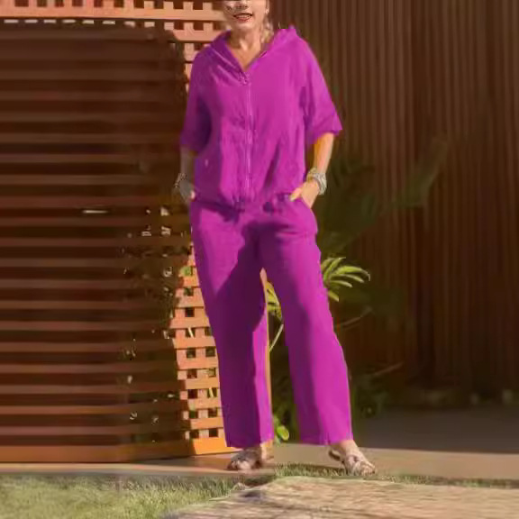 Cotton And Linen Fashion Casual Loose Two-piece Suit Short Sleeve Zipper Top For Women