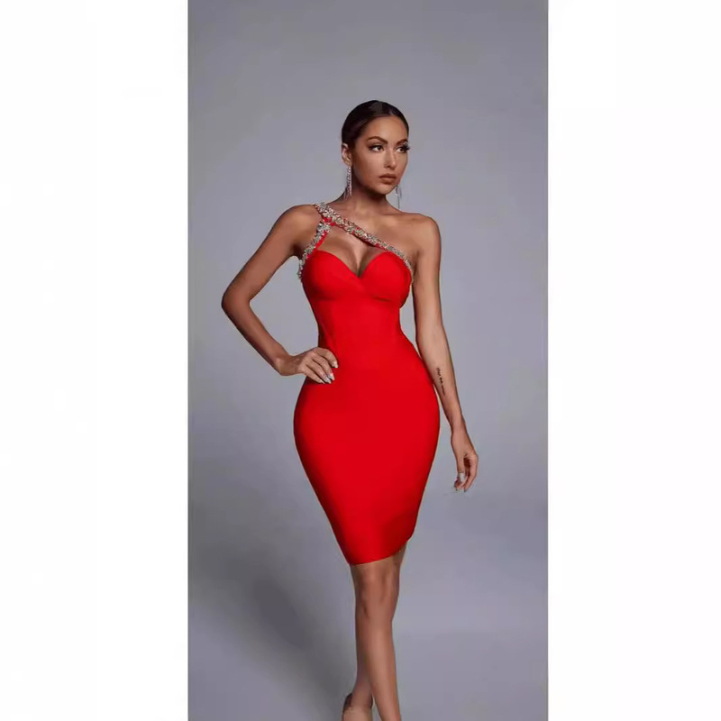 Summer new women's shoulder heavy industry diamond tight hip party red bandage dress foreign trade a wholesale Summer new women's shoulder heavy industry diamond tight hip party red bandage dress foreign trade a wholesale
