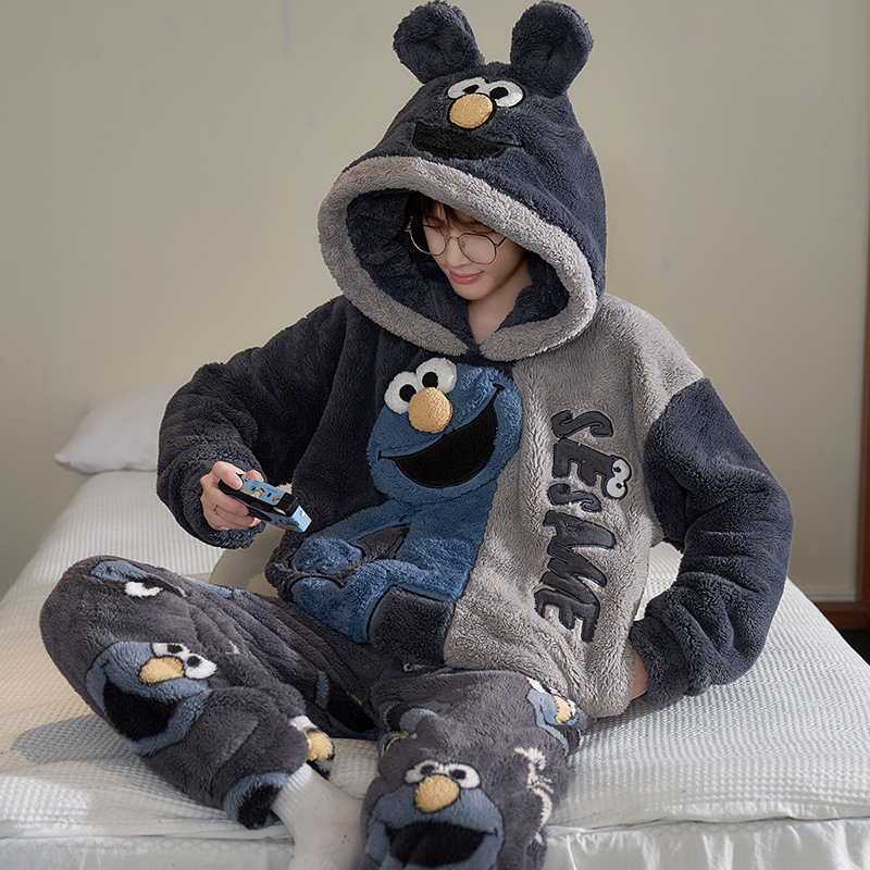 Men's Pajamas Winter Coral Fleece Cartoon Flannel Thickened fleece-lined Youth Student Home Clothes Hooded suit Men's Pajamas Winter Coral Fleece Cartoon Flannel Thickened fleece-lined Youth Student Home Clothes Hooded suit