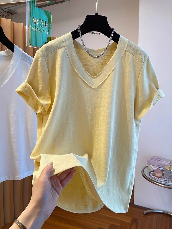 大きいサイズ 120kg リバースウェアデザインニッチイエロー V ネック Tシャツレディース半袖ルーズインナーレイヤリングシャツトップ夏|undefined