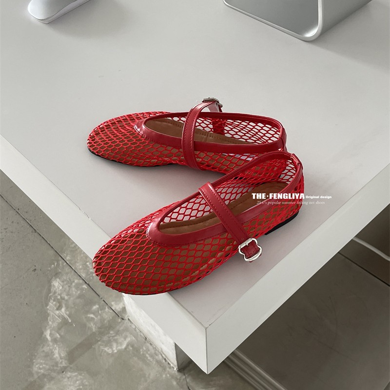 Fengliya Women's Flats Shoes Cut Out Mary Jane Shoes Fishnet Shoes 2025 Summer New Sandals Women's Mesh Shoes