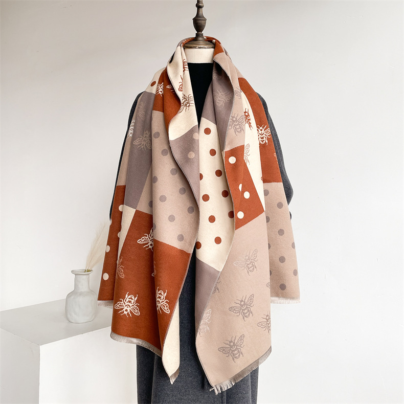 Little Bee I mitation Cashmere for Women, Thickened and Versatile Color blocked Shawl, Winter New Scarf_voghion.com