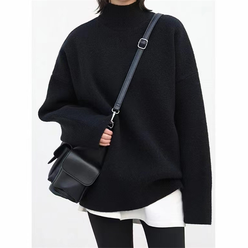 2024 semi high neck solid color lazy autumn and winter loose short style base knit sweater temperament women's thick_voghion.com