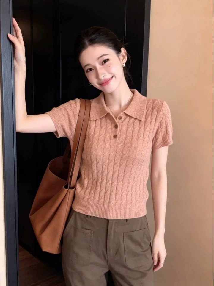 Áo thun polo nữ tay ngắn phong cách Hàn Quốc, chất liệu cotton dệt kim mềm mại — màu sắc