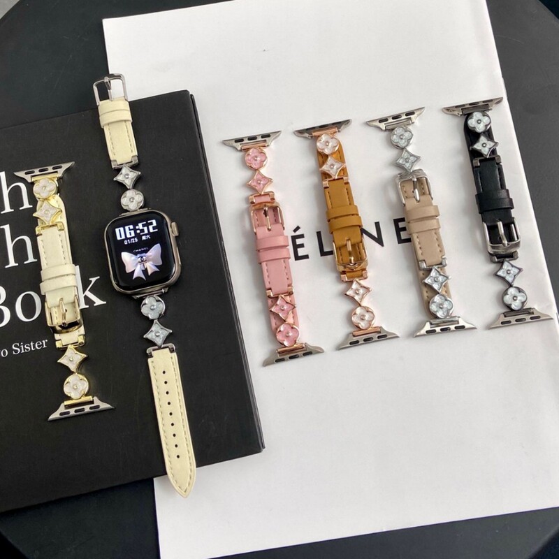 For applewatchS10 Apple Watch Small Chanel Drop Glue Old Flower Pattern Leather Temperament iwatch987