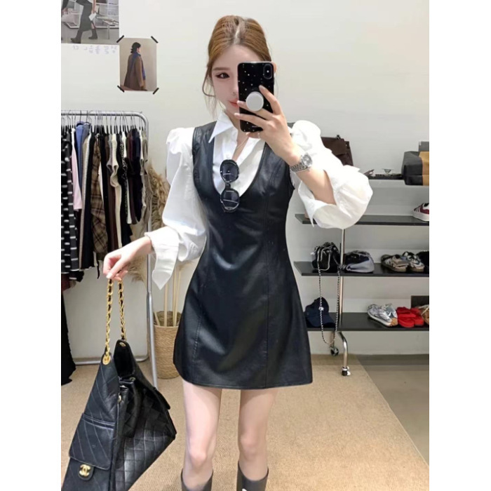 套装女2025秋新款法式气质设计感长袖衬衫收腰显瘦背心皮裙连衣裙|undefined