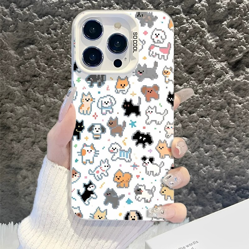 Imd Color Silver Shell Anti-Fall iPhone Case 17/16 Pixel Style Cat and Dog Full Print 13Promax iPhone Case