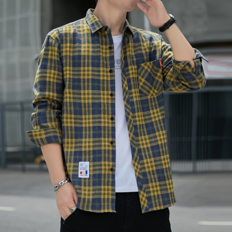 2023 camisa a cuadros suelta de los hombres abrigo de otoño estudiante camisa de manga larga camisa casual de los hombres entrega de una sola pieza