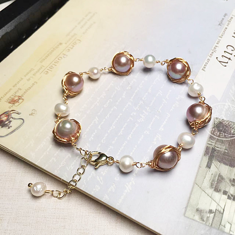 Freshwater Pearl Bracelet Women's 14K Gold Winding Handmade Woven Craft Accessories Color Preservation