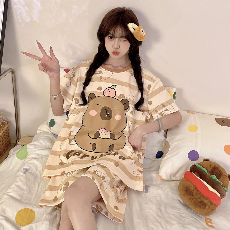 Pure Cotton Pajamas for Women Summer Thin Cartoon Cute Student Ladies Plus Size 100kg Short-Sleeved Home Wear Set