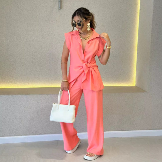 European and American foreign trade women's 2025 new fashion lace-up waist short sleeve shirt high waist casual pants two-piece set