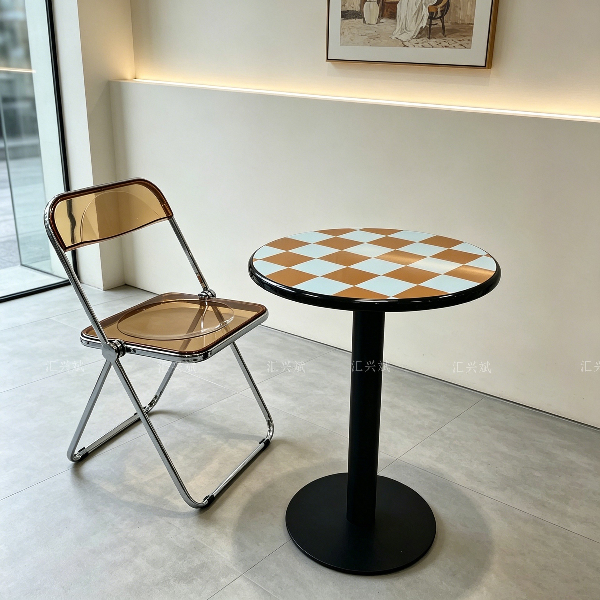 Modern Minimalist Stainless Steel Round Table and Chair Set for Milk Tea Shop, Coffee Bar, and Lounge with Circular Checkerboard Pattern Stainless Steel Table