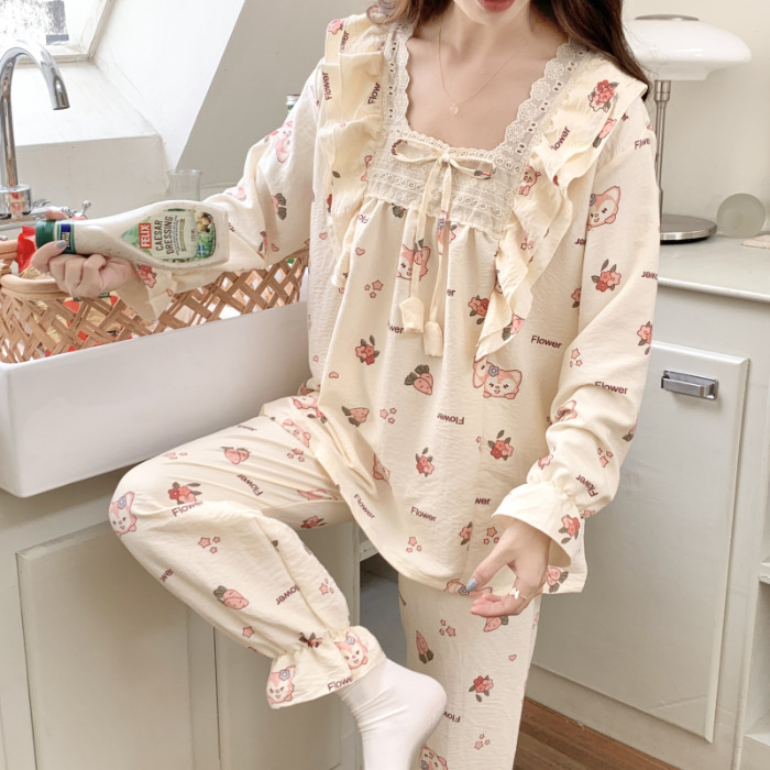 Lingna Beier niña pijamas Otoño e Invierno estilo japonés fresco casual estudiante manga larga desgaste del hogar conjunto de dos piezas se puede usar fuera