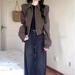 深棕色短款垫肩翻领夹克外套女春秋港风复古美拉德穿搭慵懒棒球服