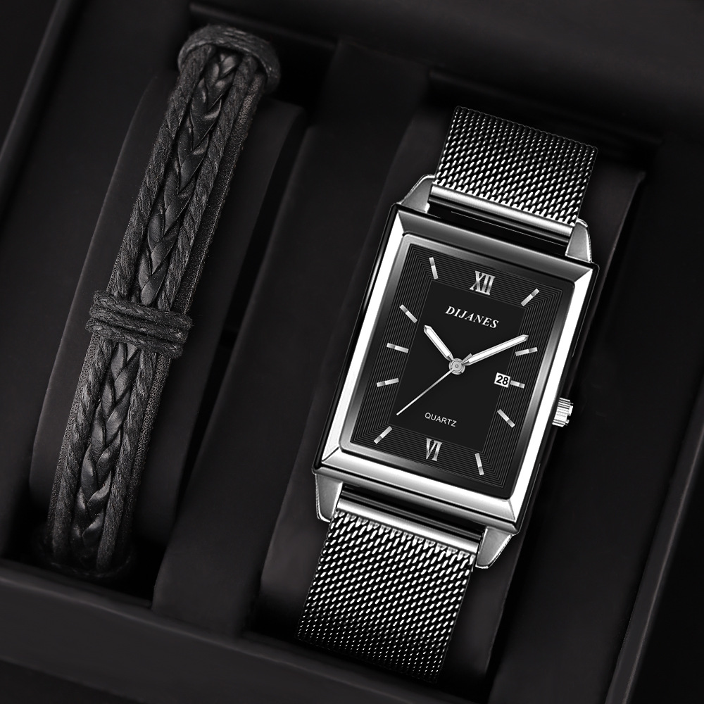 Cross-border New Square Men's Business Watch Fashion Milan Mesh Belt Luminous Calendar Quartz Watch Spot