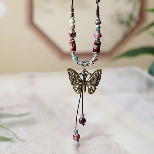 Literary ethnic style imperial concubine butterfly ceramic long sweater chain women's antique style pendant retro Chinese style butterfly necklace