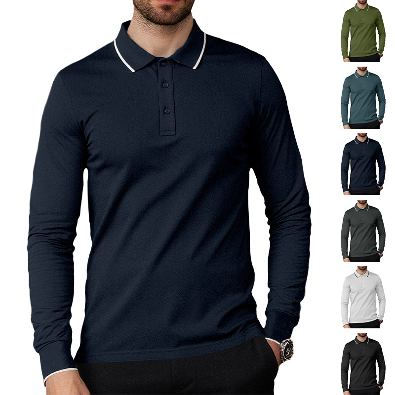 Transfronterizos Europa y América Amazon primavera y otoño negocios casual hombre solapa de color sólido para salir a la cita de mangas largas camisa polo delgada