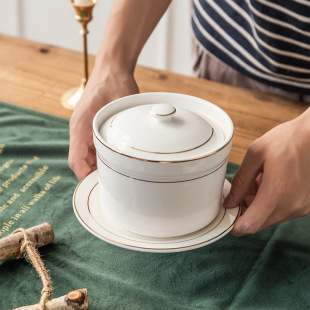 Hand-Painted Gold-Edged Ceramic Stew Pot Bird's Nest Dessert Shop Gold-Rimmed Lidded Water-Proof Soup Pot Household Steamed Egg Stew Pot