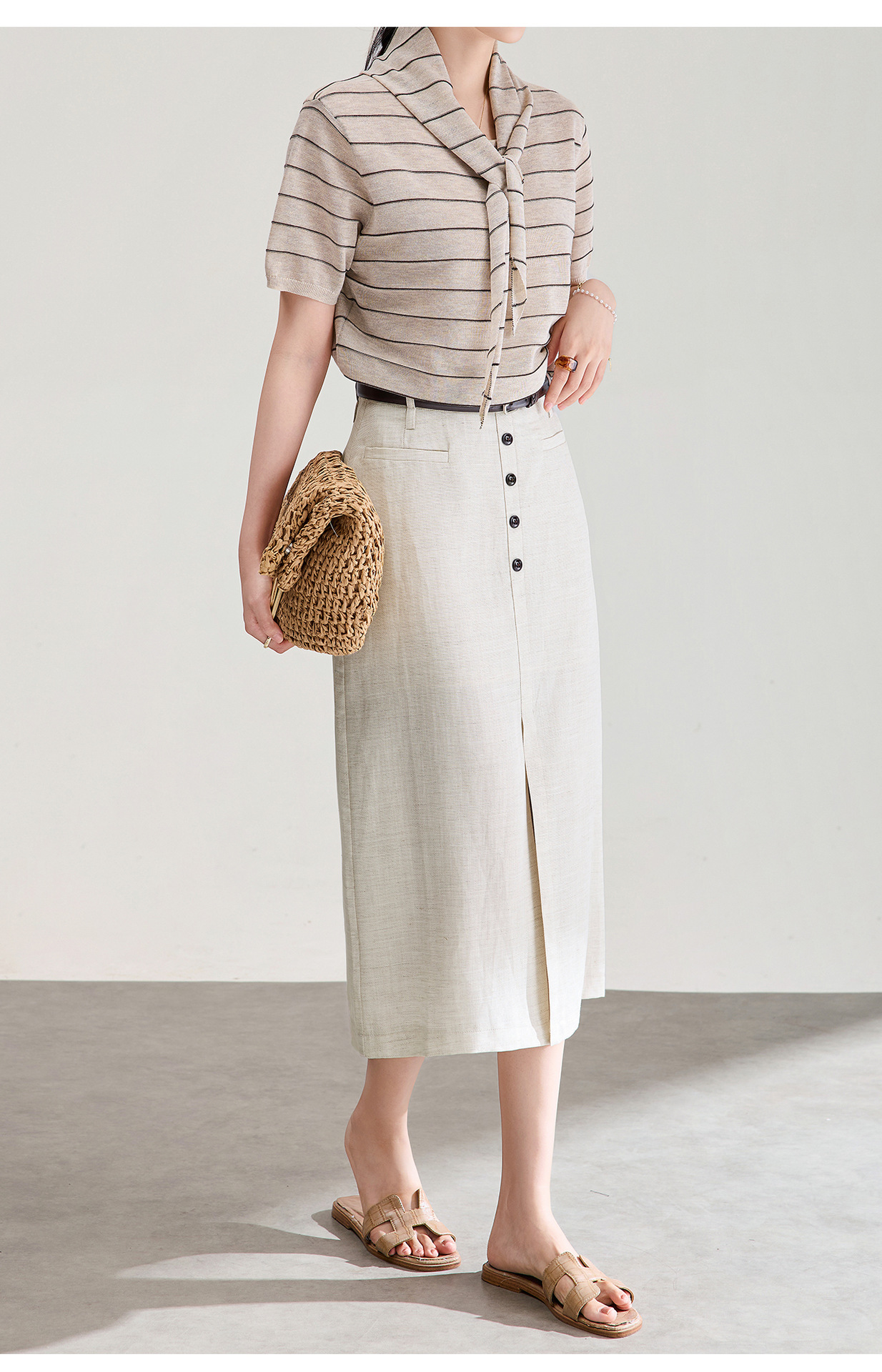 Chân váy xếp ly nữ xòe chất liệu tencel linen thoáng mát — Màu gai dầu thô chi tiết 19