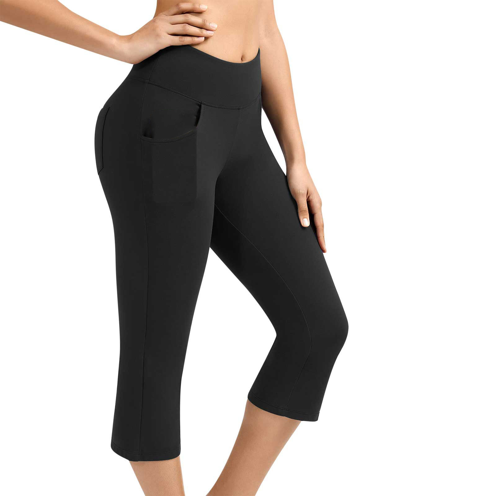Neue Yoga-Hose für Damen, einfarbig, Vordertasche, hohe Taille, aufgesetzte Tasche hinten, Hip-Lift, Sport-Caprihose_voghion.com