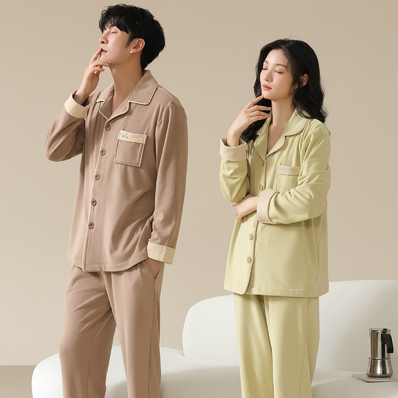 (2개) 봄과 가을 320G 섬 벨벳 커플 잠옷 긴 소매 봄과 가을 플러스 사이즈 옷깃 느슨한 빨간 잠옷 세트