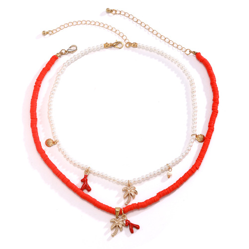 European and American cross-border jewelry, ocean style shell conch tassel multi-layer necklace, stacked soft clay starfish necklace for women