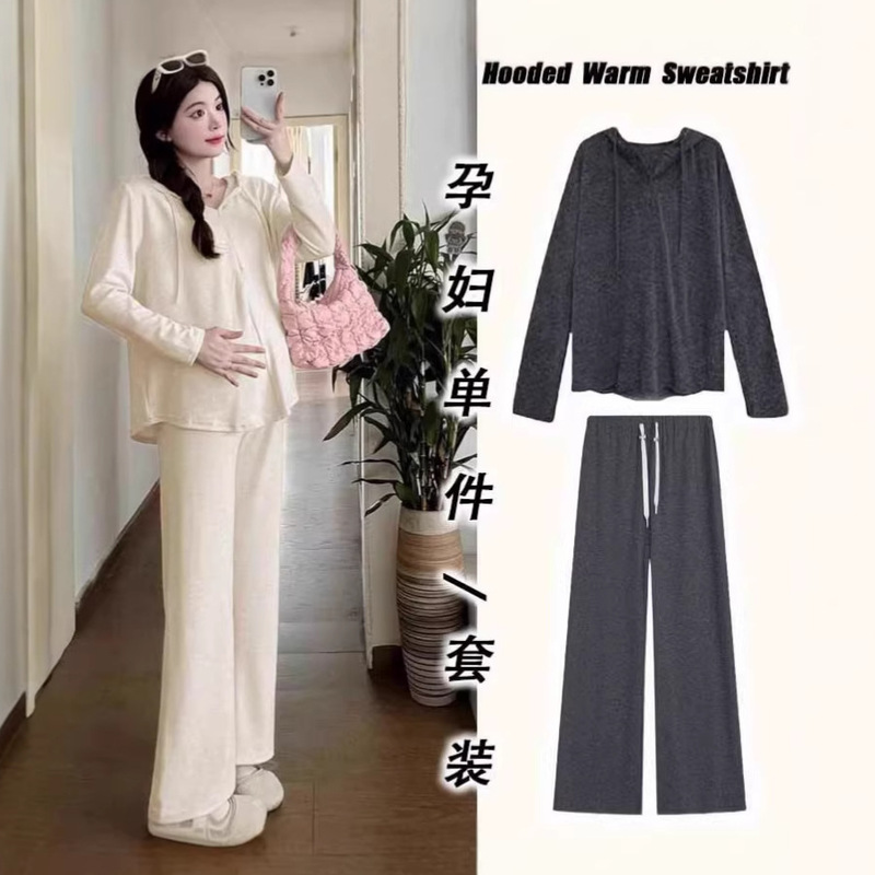 Maternity Wear Set Spring and Autumn 2026 New Trendy Hooded Sweatshirt Sports Casual Wide-Leg Pants Two-Piece Set Maternity Wear Set Spring and Autumn 2026 New Trendy Hooded Sweatshirt Sports Casual Wide-Leg Pants Two-Piece Set